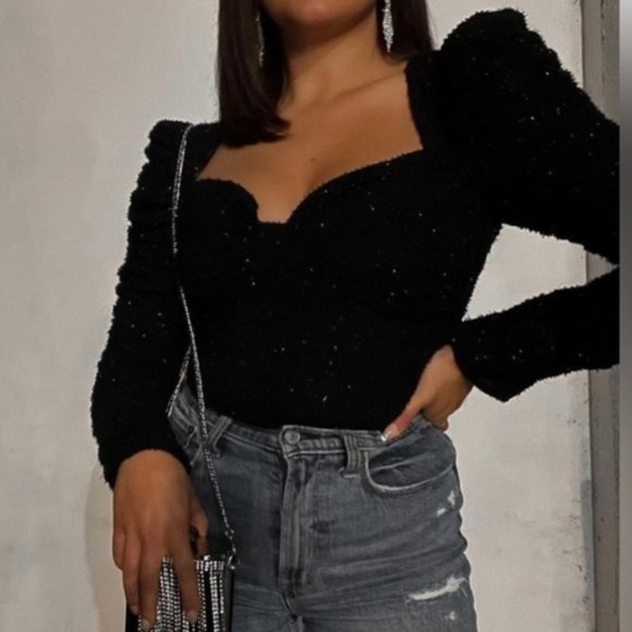 NWOT Caldwell Puff Shoulder Black Glittery Sweetheart Top. - Picture 6 of 11